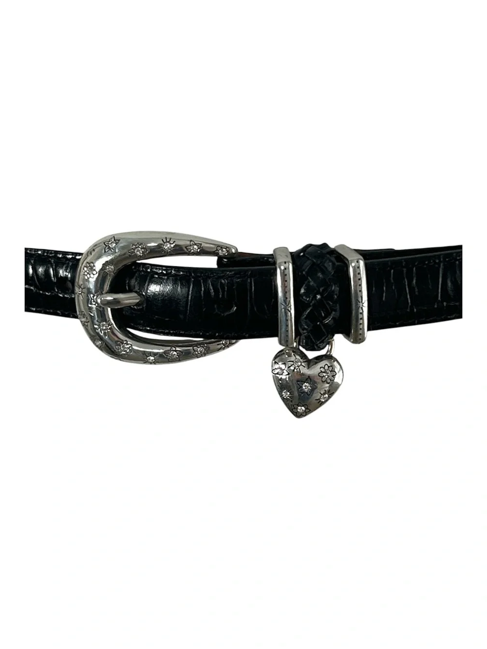 Brighton Black Croc-Embossed Leather Belt with Floral Heart Charm. Size Large 34